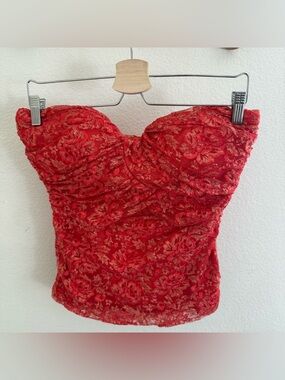 KIMIKAL Y2K Red lace bandeau bustier ruched floral top glamour built in bra